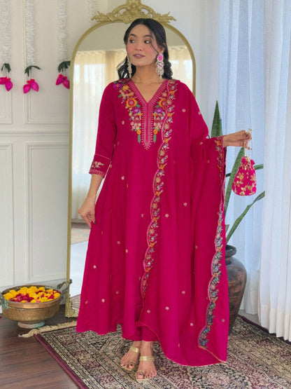 Women Floral Embroidered Regular Thread Work Kurta with Trousers & With Dupatta