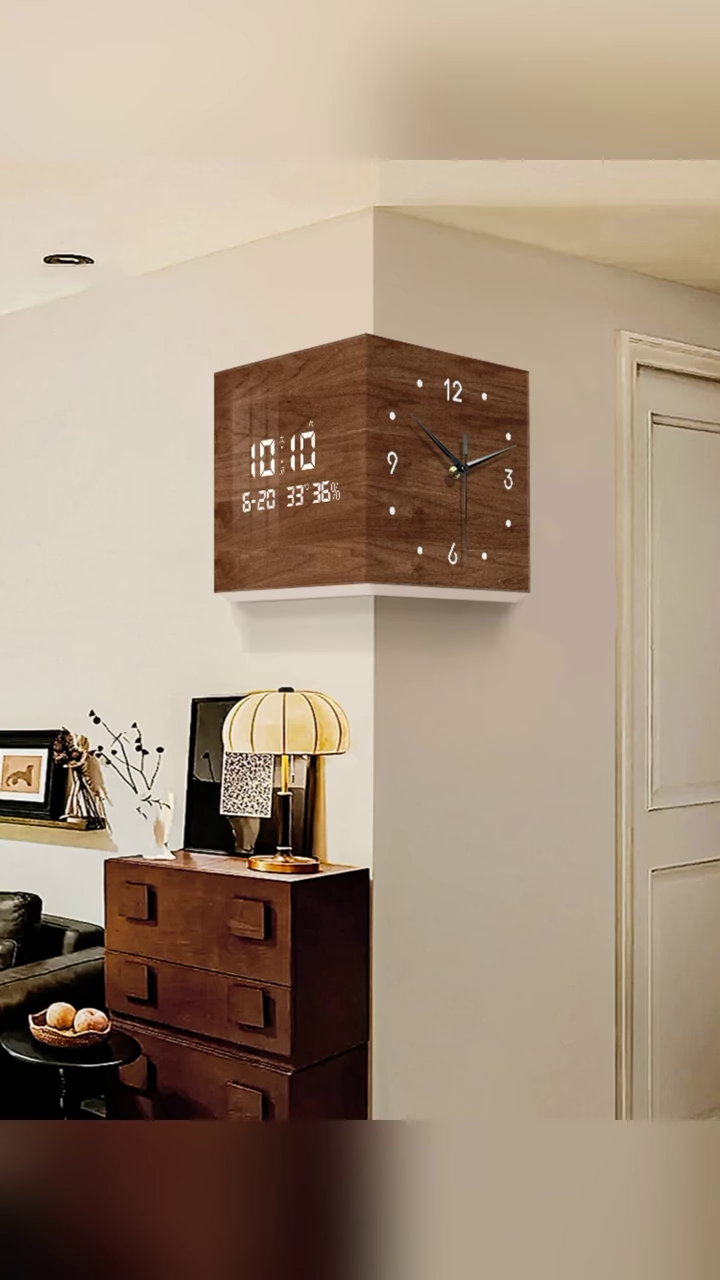 Luxury 90-Degree Wooden Corner Wall Clock – Innovative Dual-Face Analog & Digital Hybrid with Temperature and Humidity Display