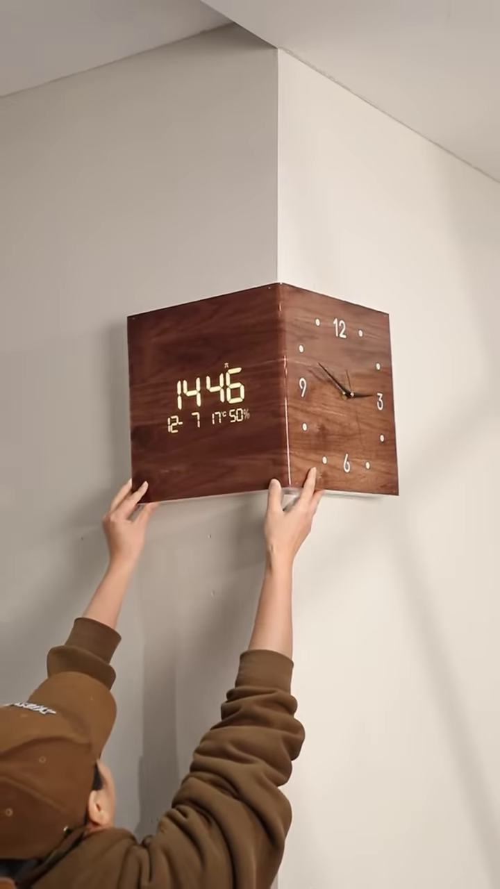 Luxury 90-Degree Wooden Corner Wall Clock – Innovative Dual-Face Analog & Digital Hybrid with Temperature and Humidity Display