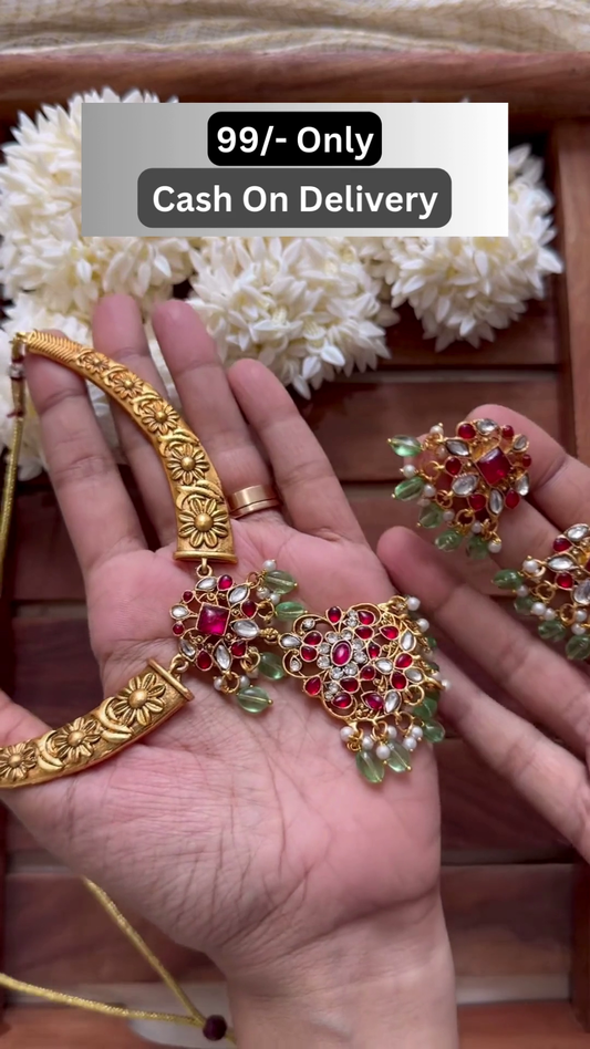 Floral Kundan Necklace Set with Red-Green Beads – Ethnic Imitation Jewelry for Festivals & Weddings