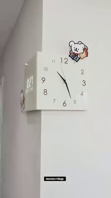 Cute Modern White Corner Wall Clock – Dual-Face Analog & Digital Display with Playful Cartoon Bear Accents