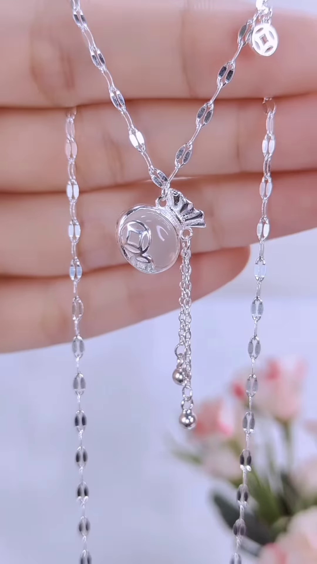 Delicate 925 Sterling Silver Necklace with Jade Coin Pendant and Tassel Detail – Lucky Charm Jewelry