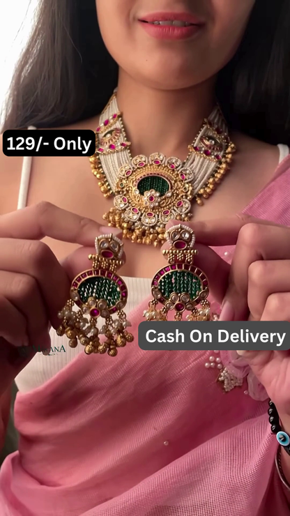 Intricate Gold-Toned Necklace and Earrings Set with Kundan and Gemstone Accents – Traditional Indian Jewelry