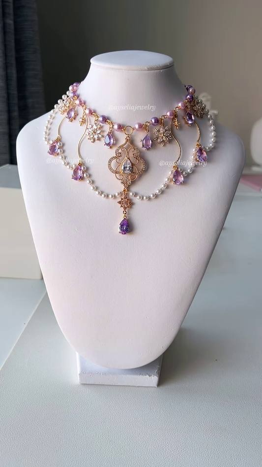 Dreamy Snow Pegasus Inspired Necklace with Amethyst, Pearls, and Intricate Gold-Toned Details