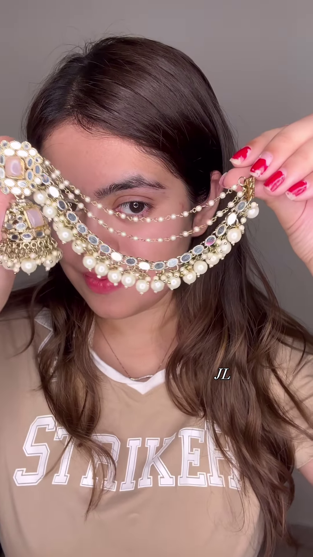 Elegant Gold-Toned Jhumka Earrings with Kundan, Colorful Beads, and Multi-Chain Pearl Earchain