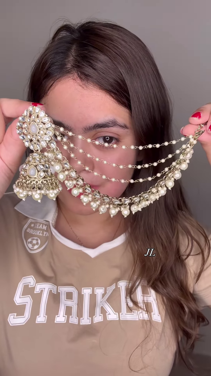 Elegant Gold-Toned Jhumka Earrings with Kundan, Colorful Beads, and Multi-Chain Pearl Earchain