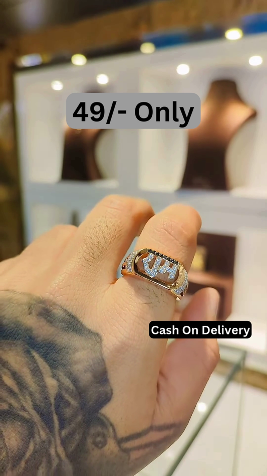 Elegant Gold-Toned Ring with Arabic Script and Sparkling Accents