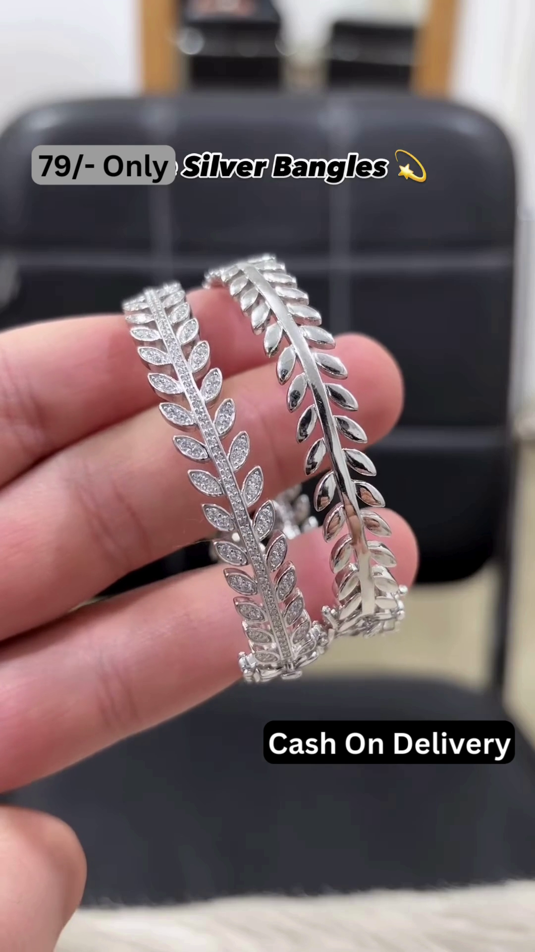 Elegant Silver-Toned Leaf Design Bangle Set with Sparkling CZ Accents