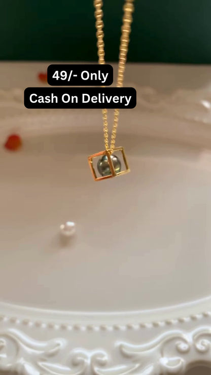 Modern Gold-Toned Necklace with Geometric Cage and Pearl Accent