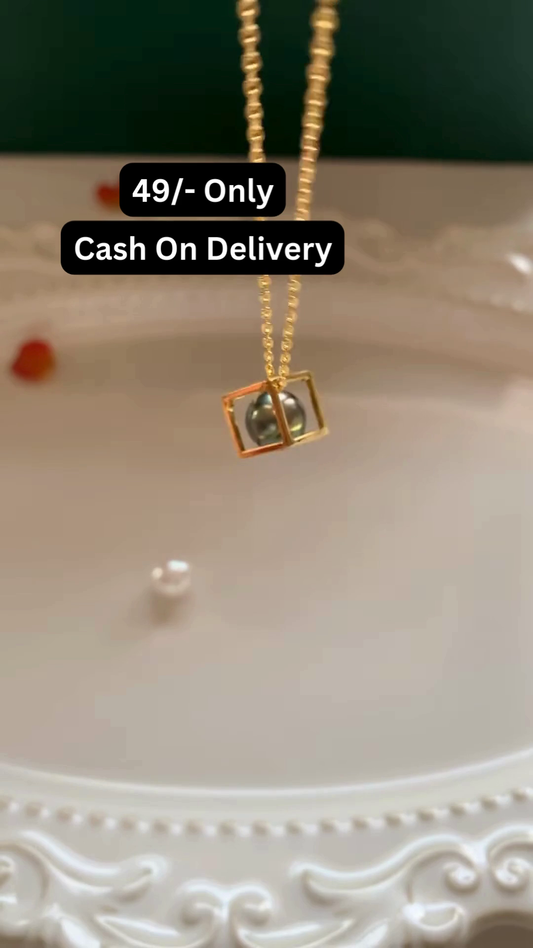 Modern Gold-Toned Necklace with Geometric Cage and Pearl Accent