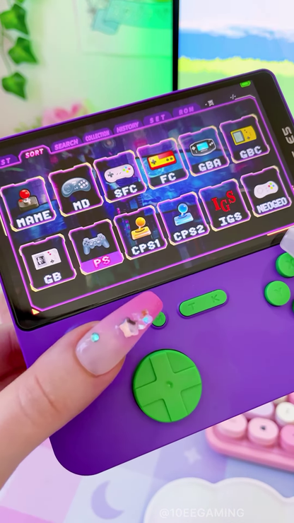 GAMEMT E5 Retro Handheld Game Console – Neon Purple Edition with Thousands of Pre-Loaded Classic Games