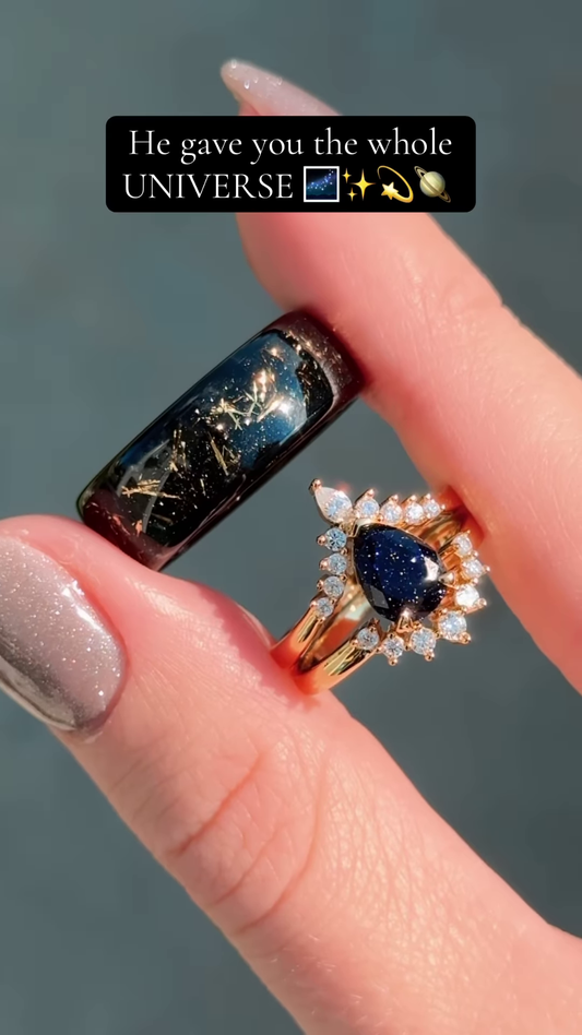 Celestial Inspired Ring Set: Gold-Toned Pear-Cut Blue Sandstone Halo Ring and Dark Galaxy Band