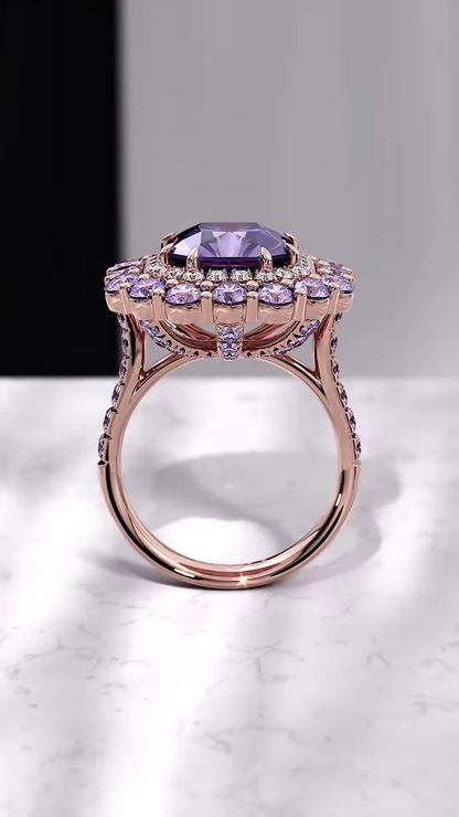 Luxurious Cushion-Cut Purple Sapphire Ring with Double Halo of Diamonds and Sapphires