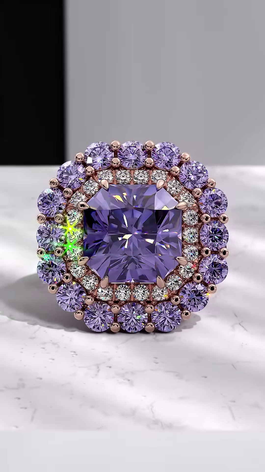 Luxurious Cushion-Cut Purple Sapphire Ring with Double Halo of Diamonds and Sapphires