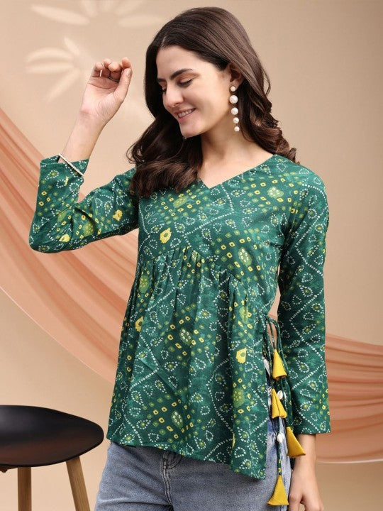 Women Bandhani Print Peplum Kurti With Tassles and Kodi