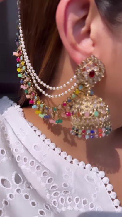Dazzling Silver-Toned Jhumka Earrings with Multiple Chains and Pearl Embellishments