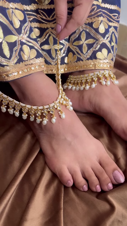 Exquisite Gold-Toned Traditional Anklets with Sparkling Uncut Stone Accents and Dangle Bells