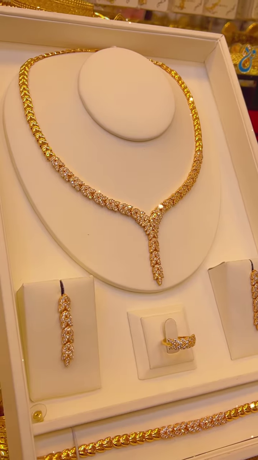 Radiant Gold-Toned Y-Drop Necklace Set with Dazzling Clear Gemstones