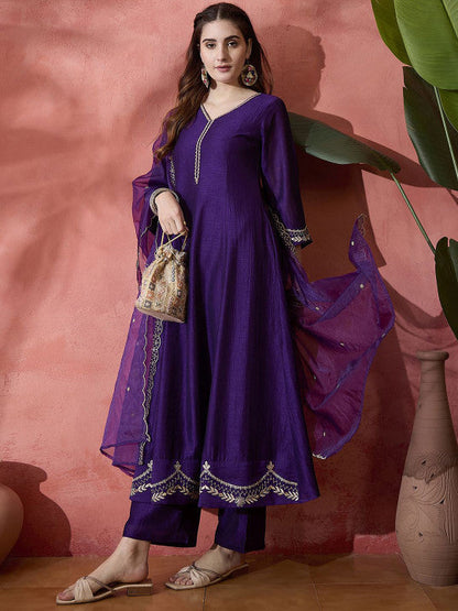 Floral Embroidered V-Neck A-Line Kurta With Trousers & Dupatta