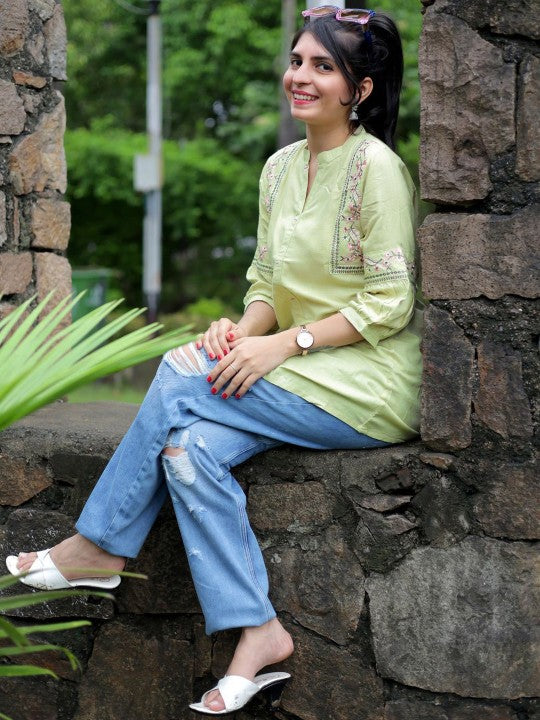 Floral Embroidered Mandarin Collar A-Line Kurti