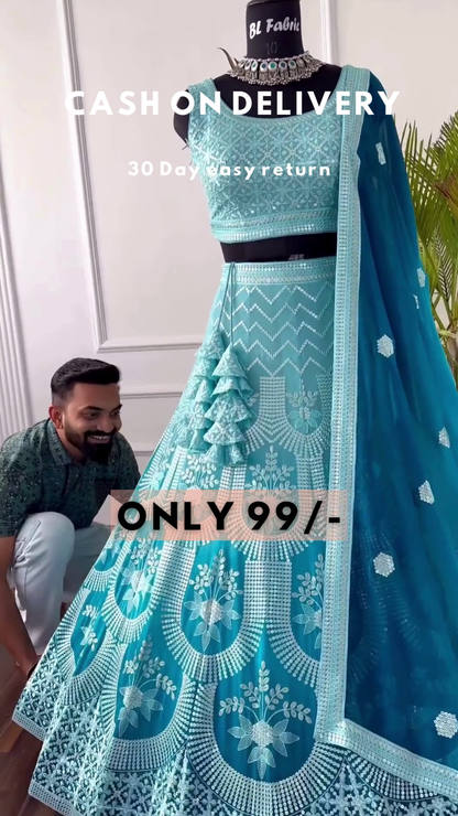 Sky Blue Net Thread Embroidery Sequins Umbrella Lehenga Party Wear