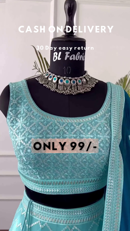 Sky Blue Net Thread Embroidery Sequins Umbrella Lehenga Party Wear