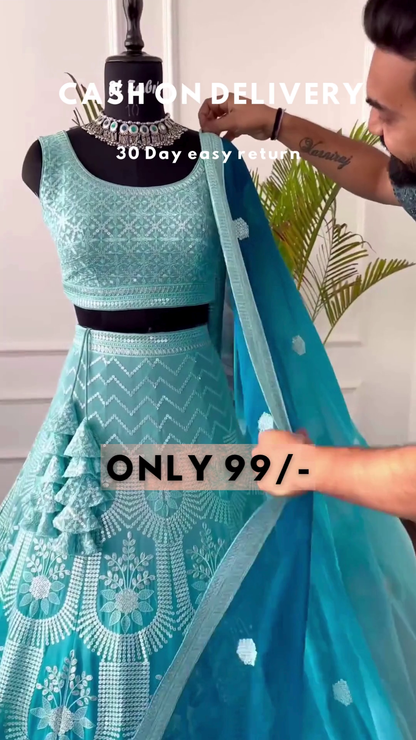 Sky Blue Net Thread Embroidery Sequins Umbrella Lehenga Party Wear