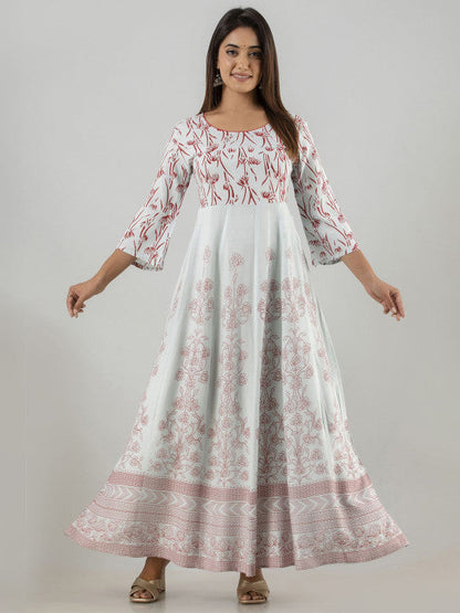 Women Ethnic Motifs Printed Round Neck Block Print Anarkali Kurti