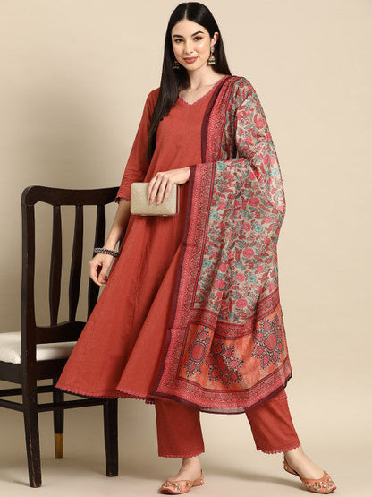 Anarkali Pure Cotton Kurta With Trousers & Dupatta