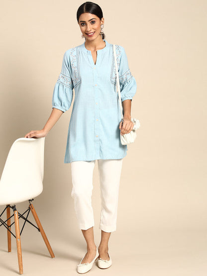 Blue Embroidered Detail A-Line Top