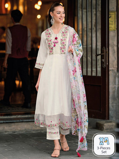 Floral Embroidered Thread Work A-Line Kurta With Trousers & Dupatta