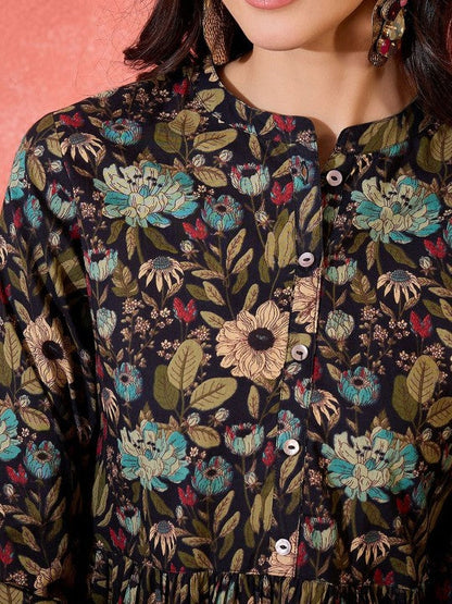 Floral Printed Mandarin Collar Longline Top