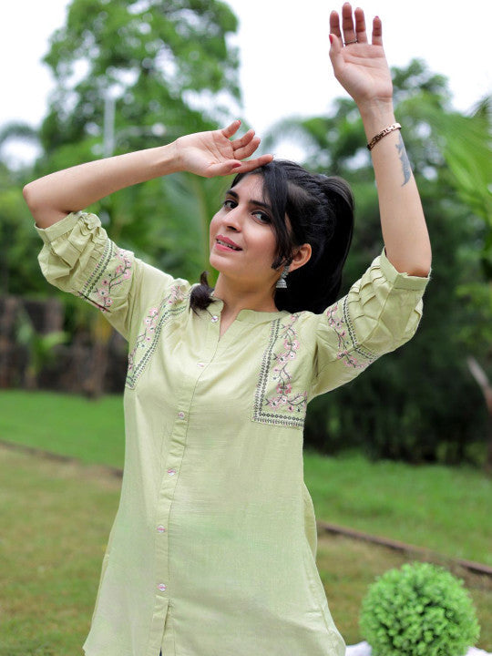 Floral Embroidered Mandarin Collar A-Line Kurti