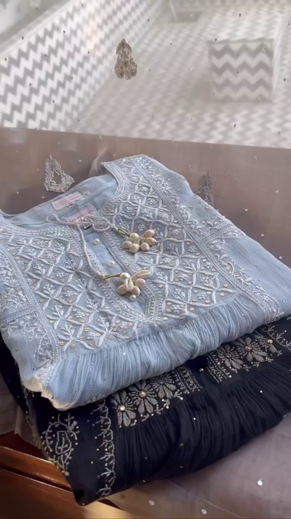 Organza Chikankari Applique Kurta Set