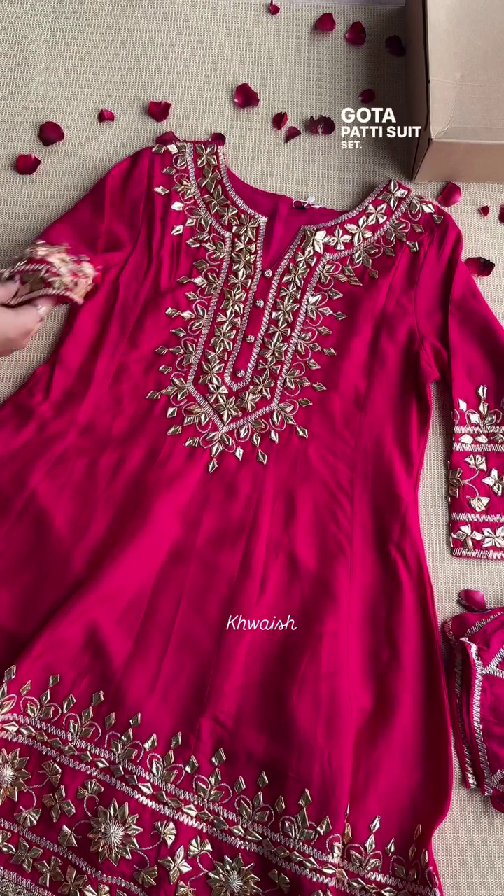 Bright Pink Designer Nack Hand Work Tapeta Silk Kurti With Pant & Dupatta Set