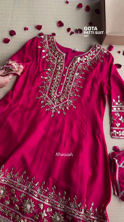 Bright Pink Designer Nack Hand Work Tapeta Silk Kurti With Pant & Dupatta Set