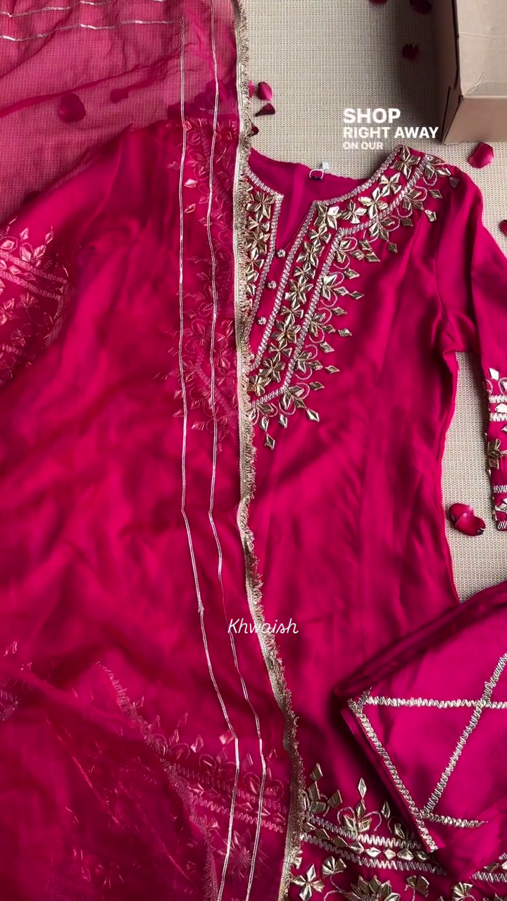 Bright Pink Designer Nack Hand Work Tapeta Silk Kurti With Pant & Dupatta Set